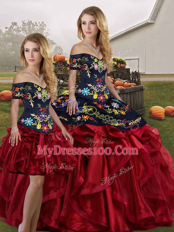 Red And Black Sleeveless Embroidery and Ruffles Floor Length Sweet 16 Dresses