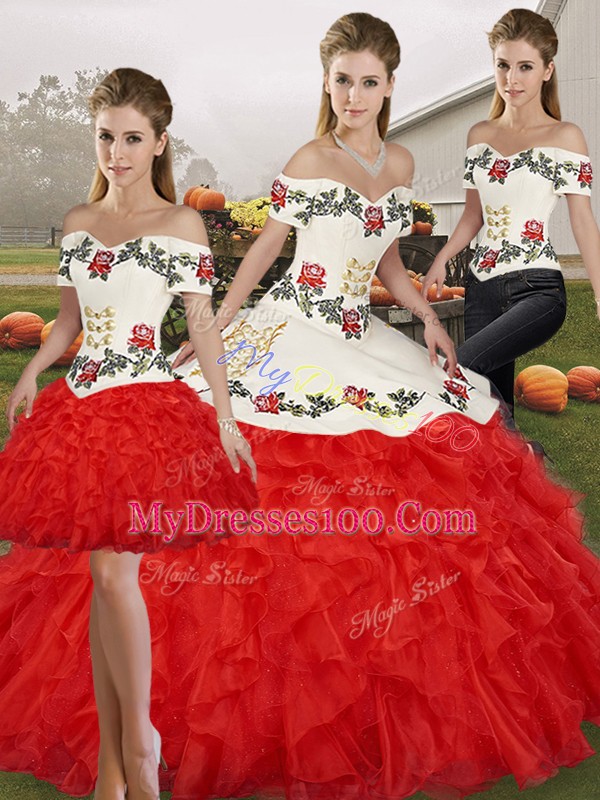 Noble Floor Length Three Pieces Sleeveless White And Red Sweet 16 Quinceanera Dress Lace Up