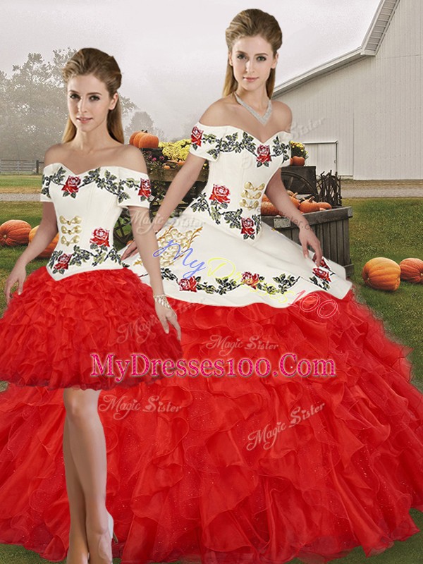 Noble Floor Length Three Pieces Sleeveless White And Red Sweet 16 Quinceanera Dress Lace Up
