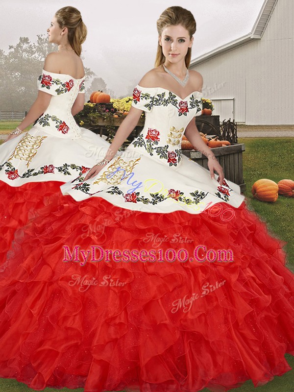 Noble Floor Length Three Pieces Sleeveless White And Red Sweet 16 Quinceanera Dress Lace Up