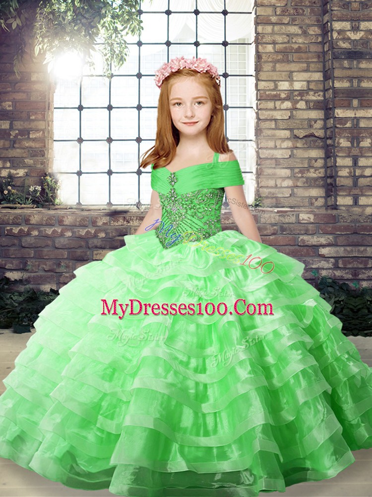 Custom Fit Sleeveless Organza Brush Train Lace Up Little Girls Pageant Dress Wholesale for Party and Military Ball and Wedding Party