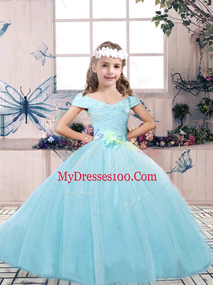 Perfect Aqua Blue Off The Shoulder Lace Up Lace and Belt Little Girls Pageant Dress Sleeveless
