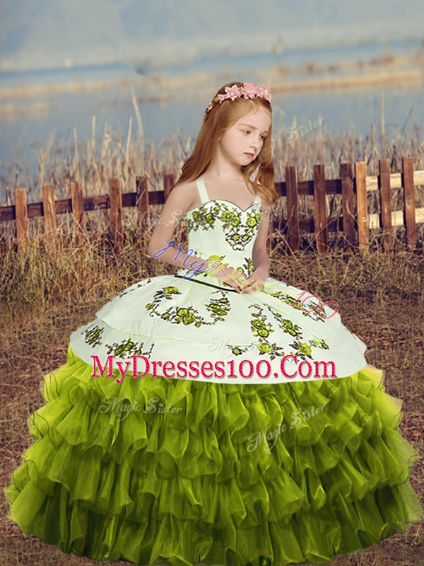 Custom Design Green Lace Up Little Girl Pageant Dress Embroidery and Ruffled Layers Sleeveless Floor Length