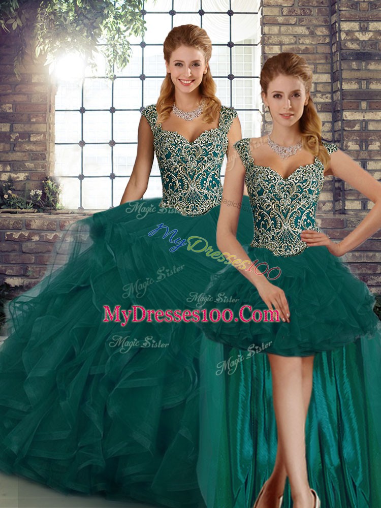 Hot Selling Beading and Ruffles Quinceanera Gown Peacock Green Lace Up Sleeveless Floor Length