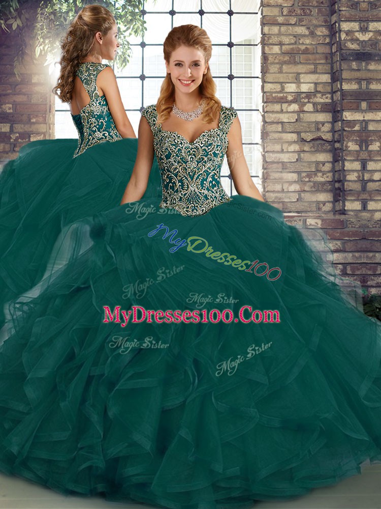 Hot Selling Beading and Ruffles Quinceanera Gown Peacock Green Lace Up Sleeveless Floor Length