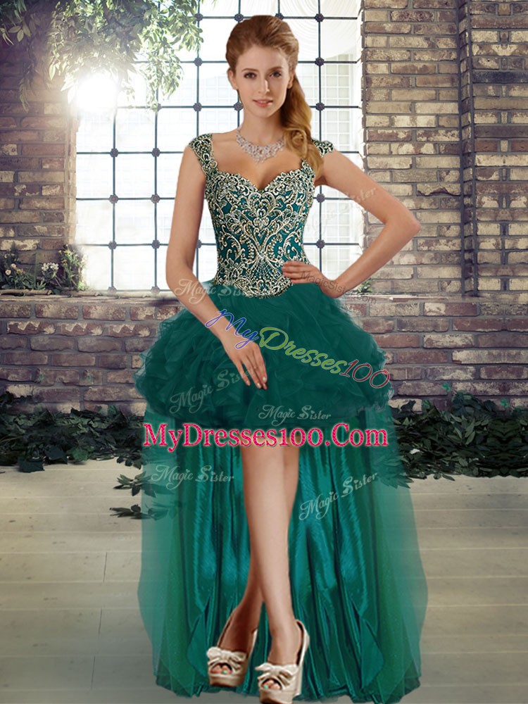 Hot Selling Beading and Ruffles Quinceanera Gown Peacock Green Lace Up Sleeveless Floor Length
