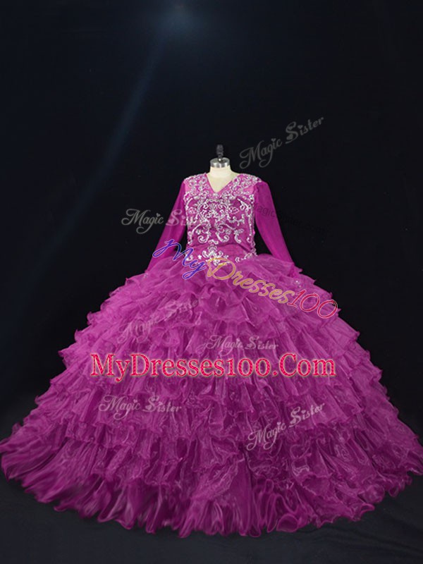 Popular Floor Length Purple Ball Gown Prom Dress V-neck Long Sleeves Lace Up