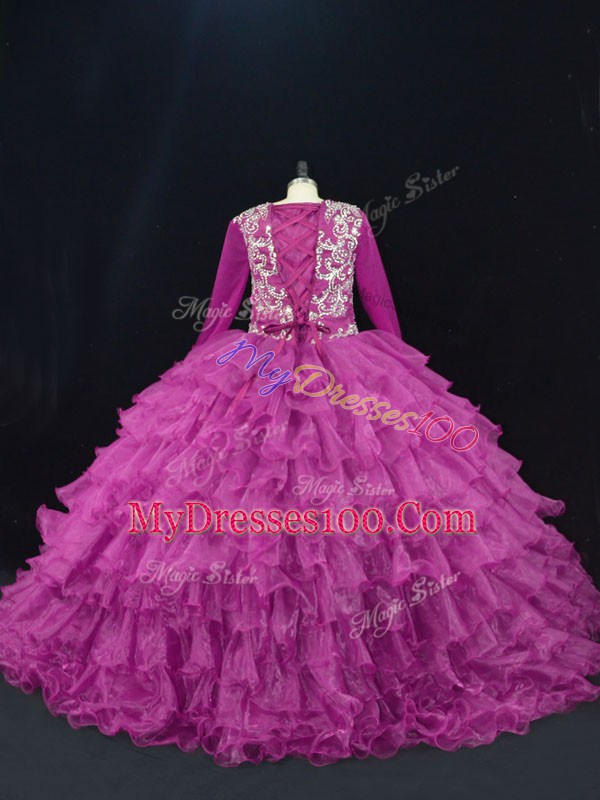 Popular Floor Length Purple Ball Gown Prom Dress V-neck Long Sleeves Lace Up