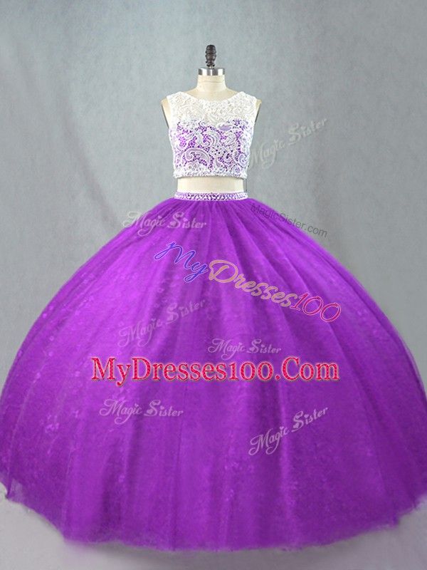 Nice Floor Length Purple Ball Gown Prom Dress Scoop Sleeveless Zipper