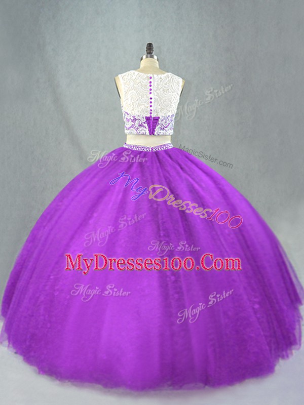 Nice Floor Length Purple Ball Gown Prom Dress Scoop Sleeveless Zipper