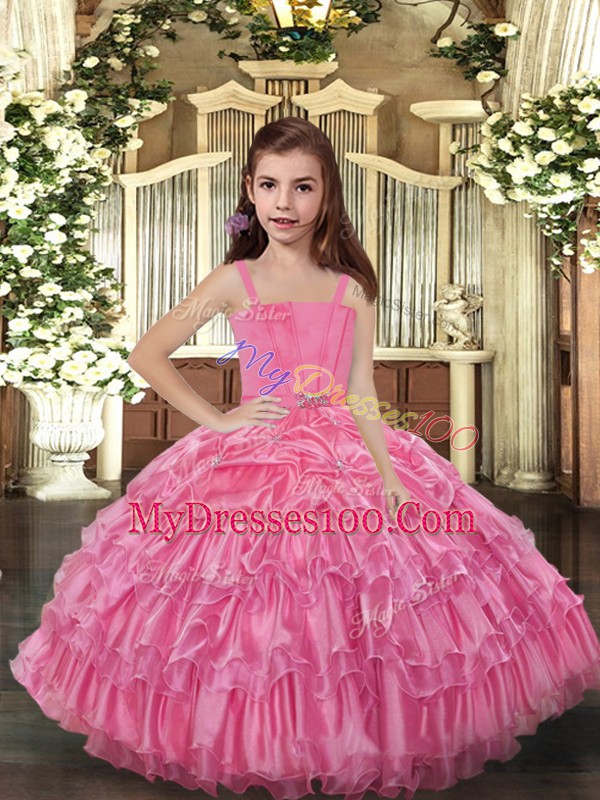 Rose Pink Lace Up Pageant Gowns For Girls Ruffled Layers Sleeveless Floor Length