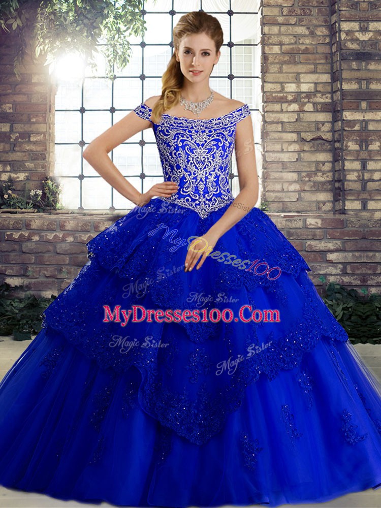 Stunning Royal Blue Lace Up Quinceanera Dress Beading and Lace Sleeveless Brush Train