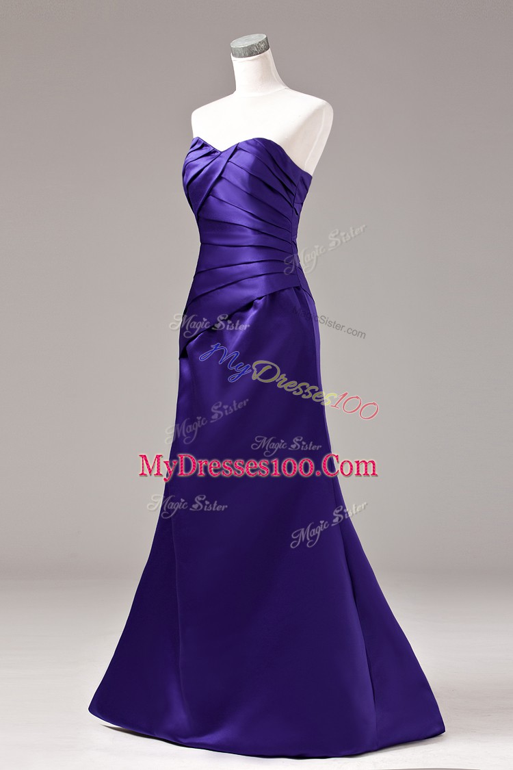 Nice Purple Lace Up Sweetheart Ruching Prom Gown Satin Sleeveless