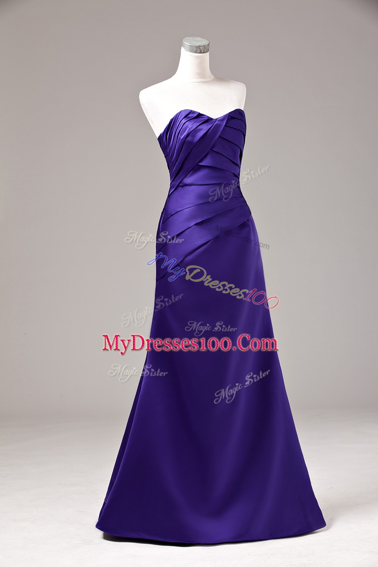 Nice Purple Lace Up Sweetheart Ruching Prom Gown Satin Sleeveless