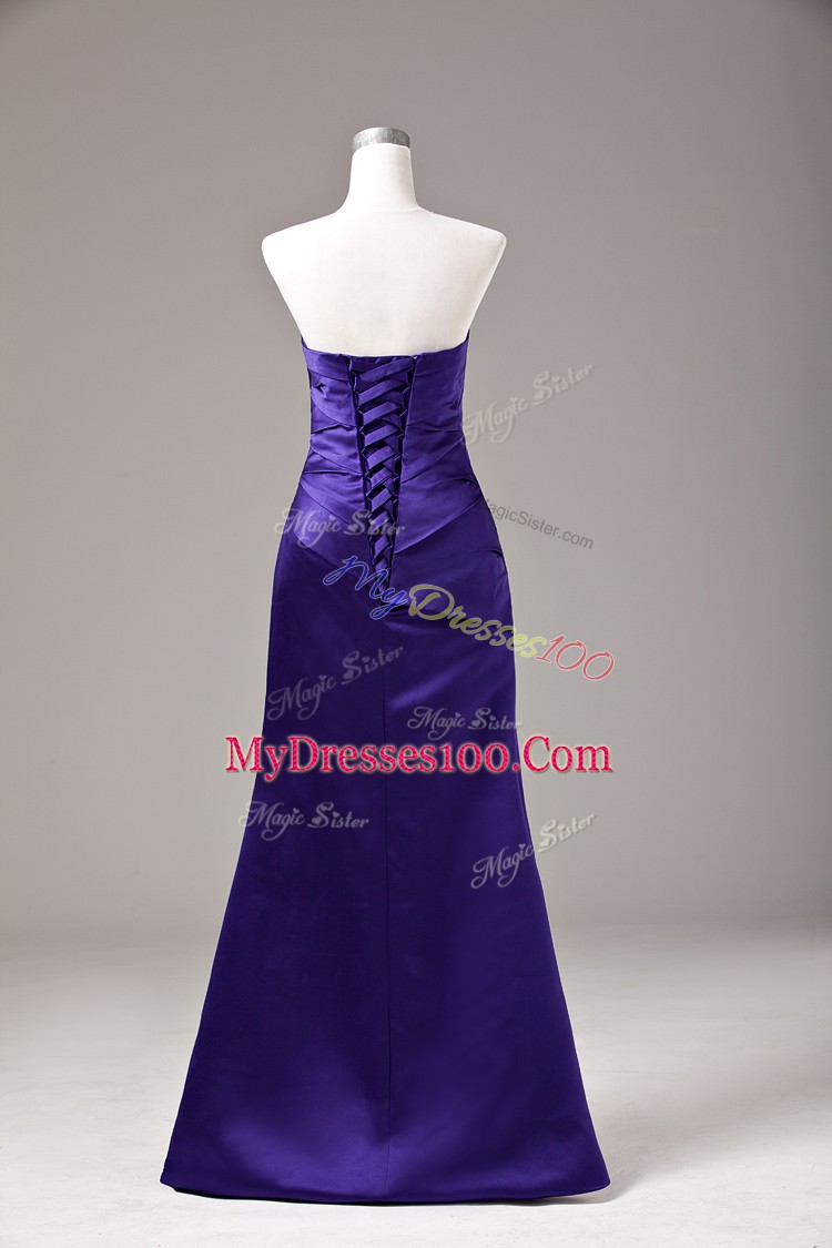 Nice Purple Lace Up Sweetheart Ruching Prom Gown Satin Sleeveless