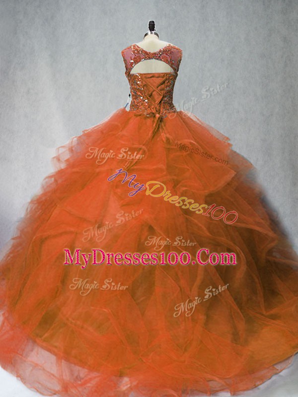Wonderful Rust Red Neckline Beading and Ruffles Quinceanera Gowns Sleeveless Lace Up
