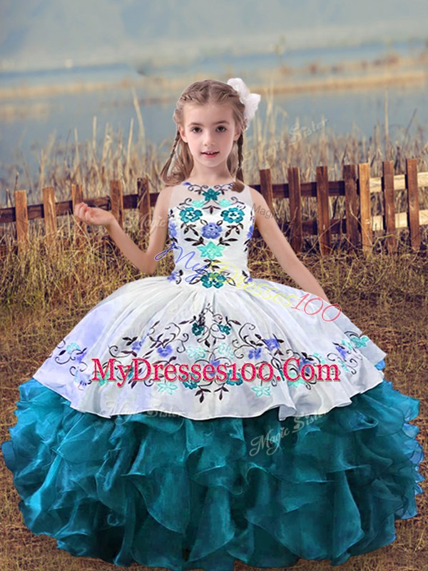 Stylish Teal Scoop Neckline Embroidery and Ruffles Little Girls Pageant Gowns Sleeveless Lace Up