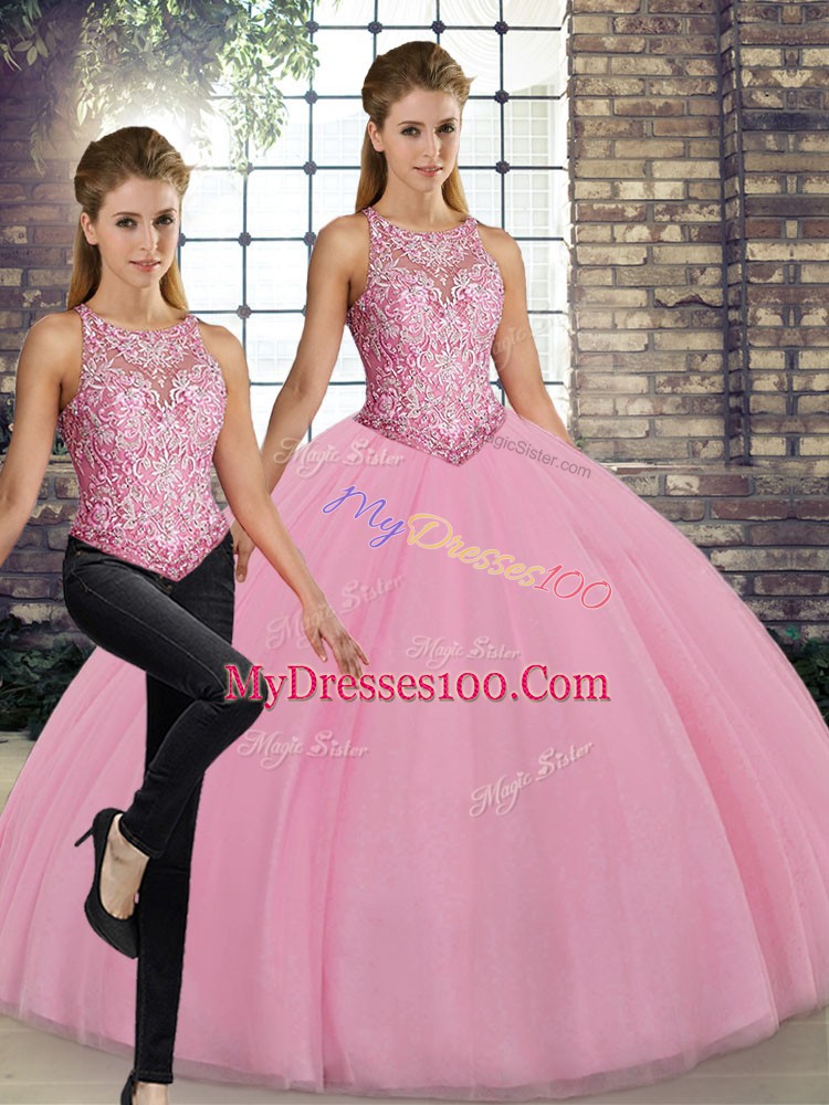 Modest Scoop Sleeveless Tulle Quinceanera Dress Embroidery Lace Up