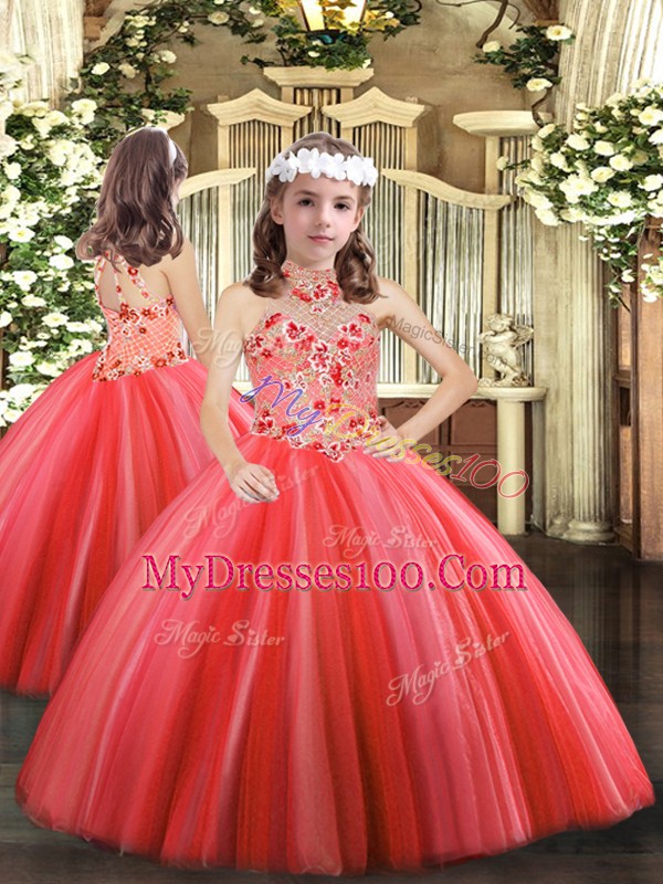 Coral Red Ball Gowns Appliques Pageant Dress Wholesale Lace Up Tulle Sleeveless Floor Length