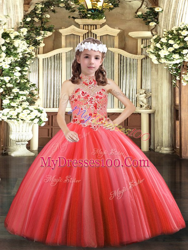 Coral Red Ball Gowns Appliques Pageant Dress Wholesale Lace Up Tulle Sleeveless Floor Length