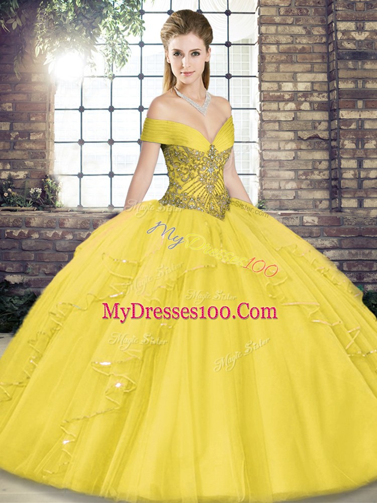 Simple Gold Quince Ball Gowns Military Ball and Sweet 16 and Quinceanera with Beading and Ruffles Off The Shoulder Sleeveless Lace Up