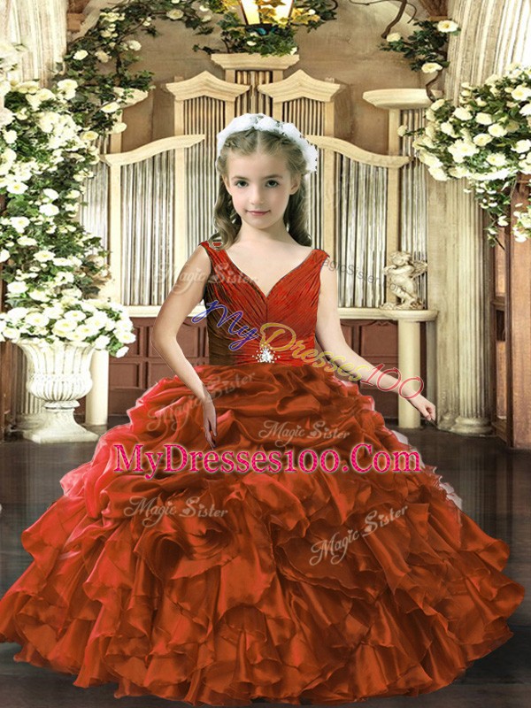 Floor Length Brown High School Pageant Dress Organza Sleeveless Beading and Ruffles and Pick Ups