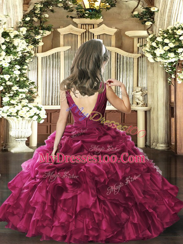 Floor Length Brown High School Pageant Dress Organza Sleeveless Beading and Ruffles and Pick Ups