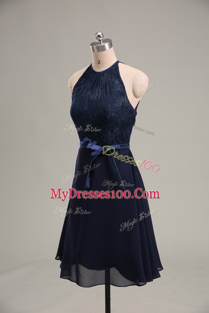 Top Selling Sleeveless Chiffon Mini Length Backless Club Wear in Navy Blue with Lace and Appliques