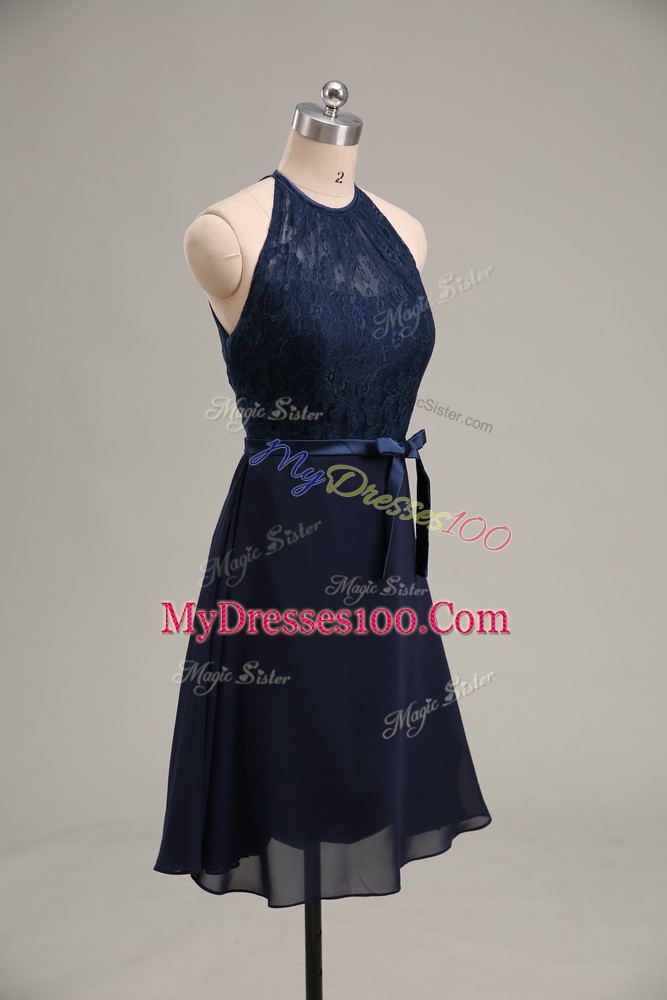 Top Selling Sleeveless Chiffon Mini Length Backless Club Wear in Navy Blue with Lace and Appliques