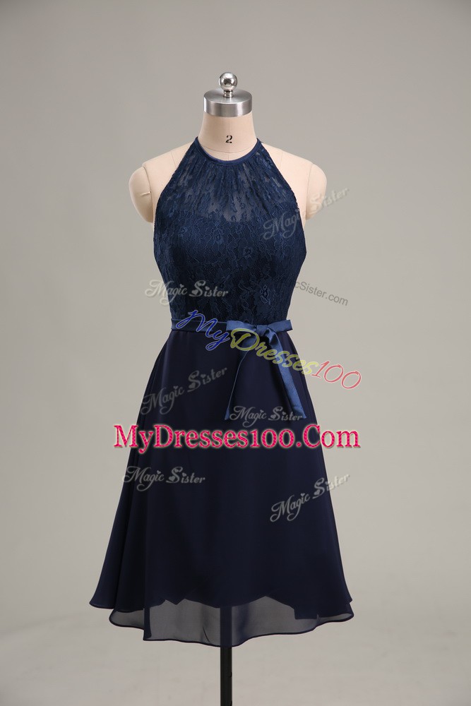 Top Selling Sleeveless Chiffon Mini Length Backless Club Wear in Navy Blue with Lace and Appliques