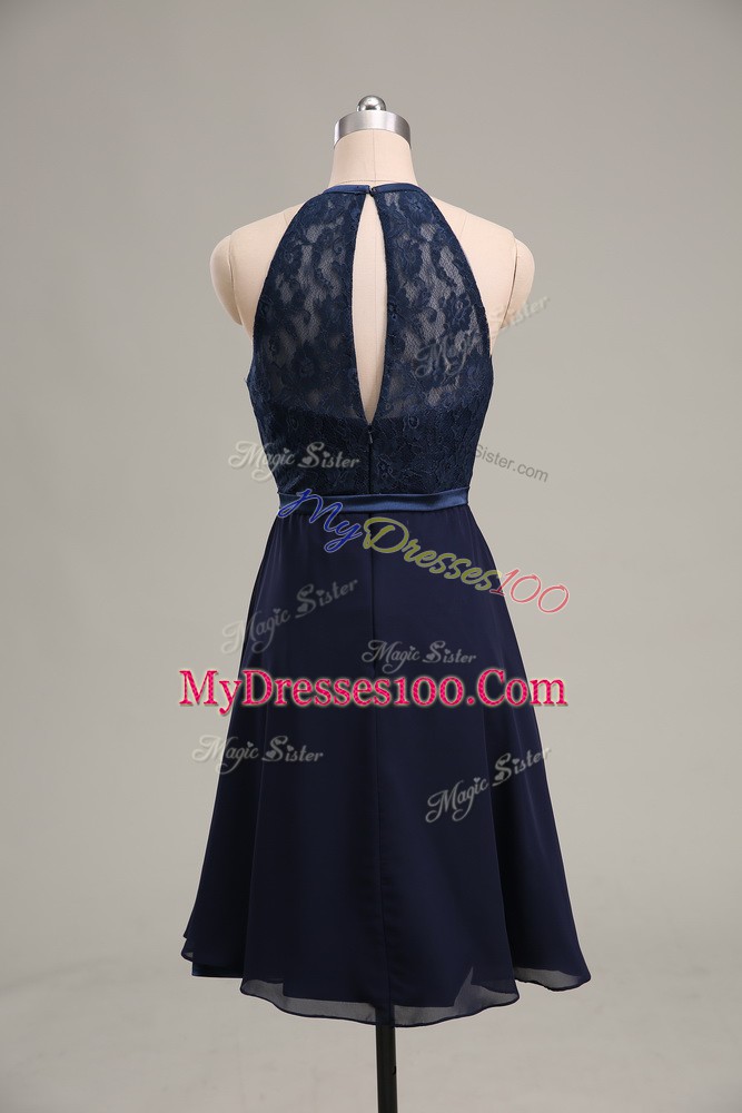 Top Selling Sleeveless Chiffon Mini Length Backless Club Wear in Navy Blue with Lace and Appliques