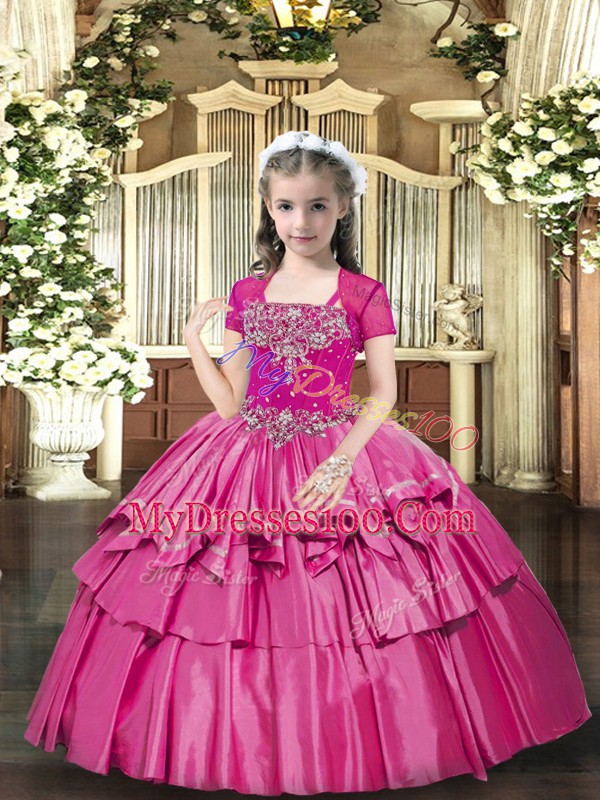 Latest Hot Pink Sleeveless Taffeta Lace Up Kids Formal Wear for Party and Wedding Party