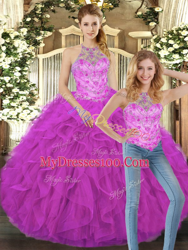Beading and Ruffles Sweet 16 Quinceanera Dress Fuchsia Lace Up Sleeveless Floor Length