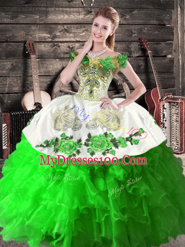 Noble Green Ball Gowns Organza Off The Shoulder Sleeveless Embroidery and Ruffles Floor Length Lace Up Vestidos de Quinceanera