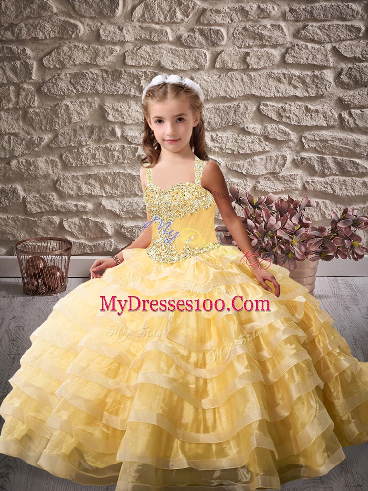 Elegant Beading and Ruffled Layers Pageant Dress Wholesale Gold Lace Up Sleeveless Brush Train