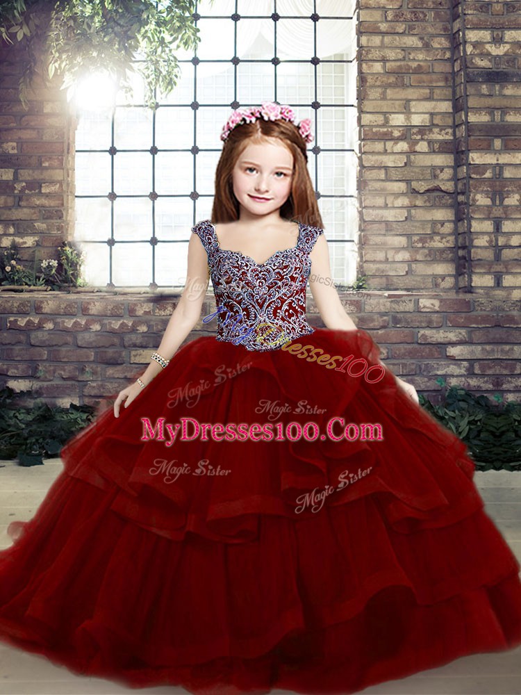 New Arrival Sleeveless Tulle Floor Length Lace Up Pageant Gowns in Red with Beading and Ruffles