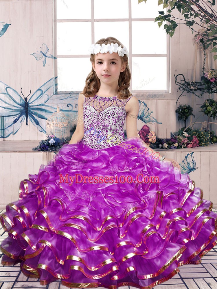 Floor Length Lilac Girls Pageant Dresses Organza Sleeveless Beading and Ruffles