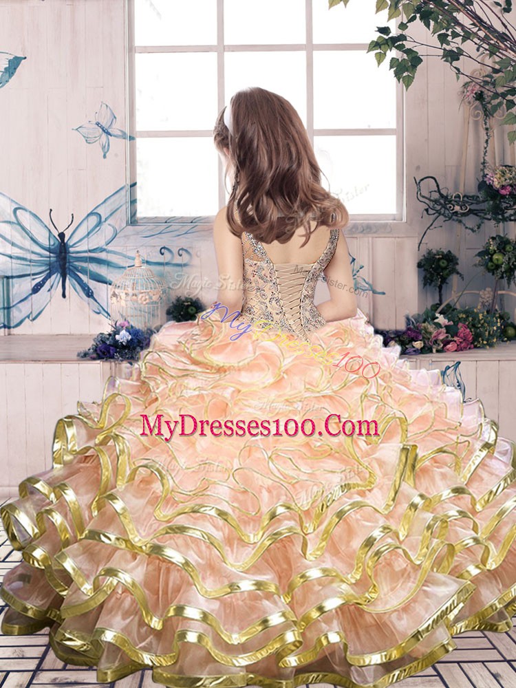 Floor Length Lilac Girls Pageant Dresses Organza Sleeveless Beading and Ruffles
