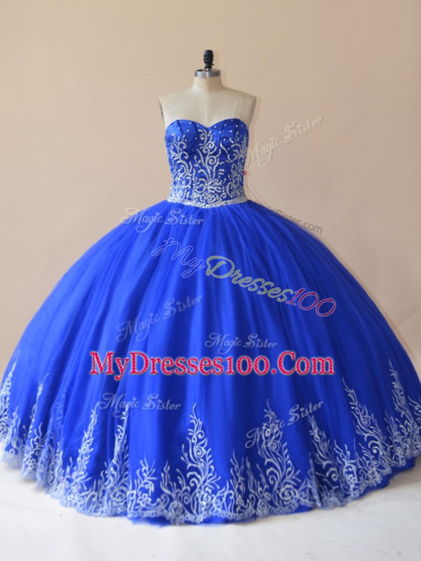 Ideal Royal Blue Lace Up Ball Gown Prom Dress Embroidery Sleeveless Floor Length