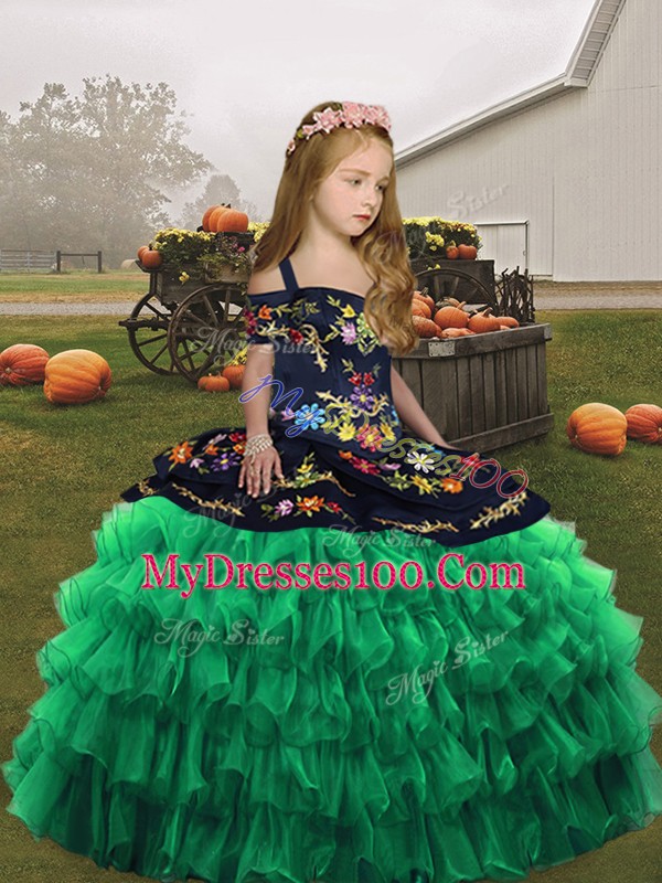 Sleeveless Floor Length Embroidery Lace Up Little Girls Pageant Gowns with Green