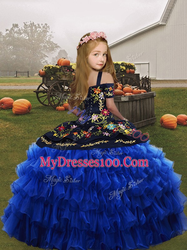 Sleeveless Floor Length Embroidery Lace Up Little Girls Pageant Gowns with Green