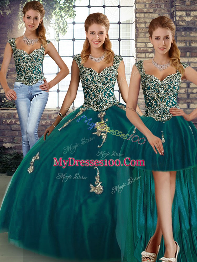 Peacock Green Sleeveless Floor Length Beading and Appliques Lace Up Sweet 16 Dress