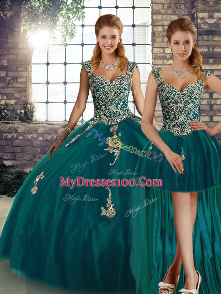 Peacock Green Sleeveless Floor Length Beading and Appliques Lace Up Sweet 16 Dress