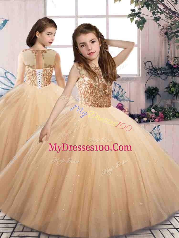 Scoop Sleeveless Ball Gown Prom Dress Floor Length Beading Gold Tulle