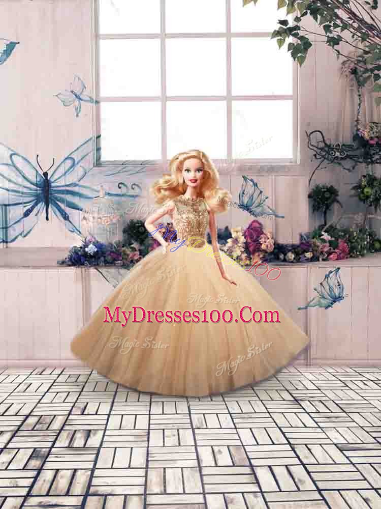 Scoop Sleeveless Ball Gown Prom Dress Floor Length Beading Gold Tulle