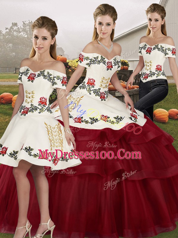 Popular Wine Red Off The Shoulder Lace Up Embroidery and Ruffled Layers 15 Quinceanera Dress Brush Train Sleeveless