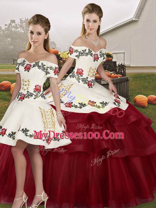 Popular Wine Red Off The Shoulder Lace Up Embroidery and Ruffled Layers 15 Quinceanera Dress Brush Train Sleeveless
