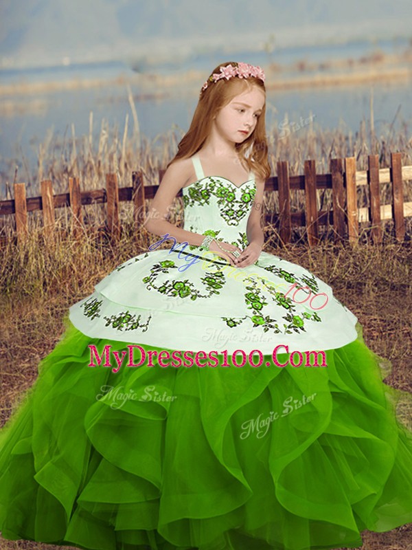 Floor Length Lace Up Little Girls Pageant Dress Green for Party and Sweet 16 and Wedding Party with Embroidery and Ruffles