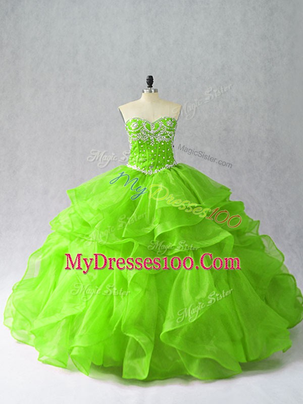 Organza Lace Up Quinceanera Gowns Sleeveless Floor Length Beading and Ruffles