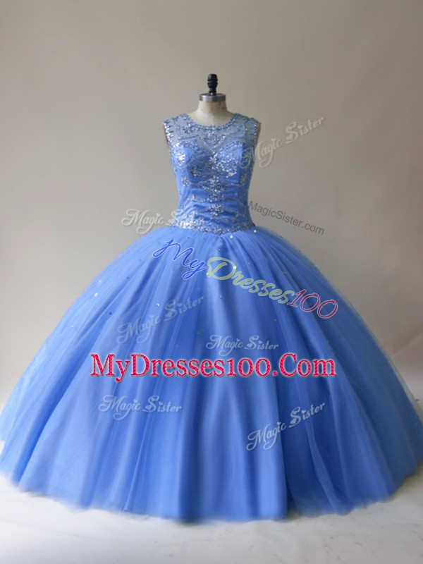 Simple Baby Blue Sleeveless Tulle Lace Up 15th Birthday Dress for Sweet 16 and Quinceanera